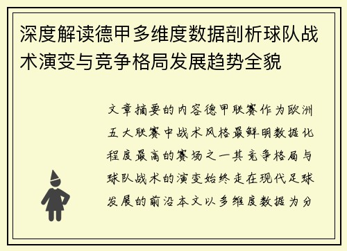 深度解读德甲多维度数据剖析球队战术演变与竞争格局发展趋势全貌